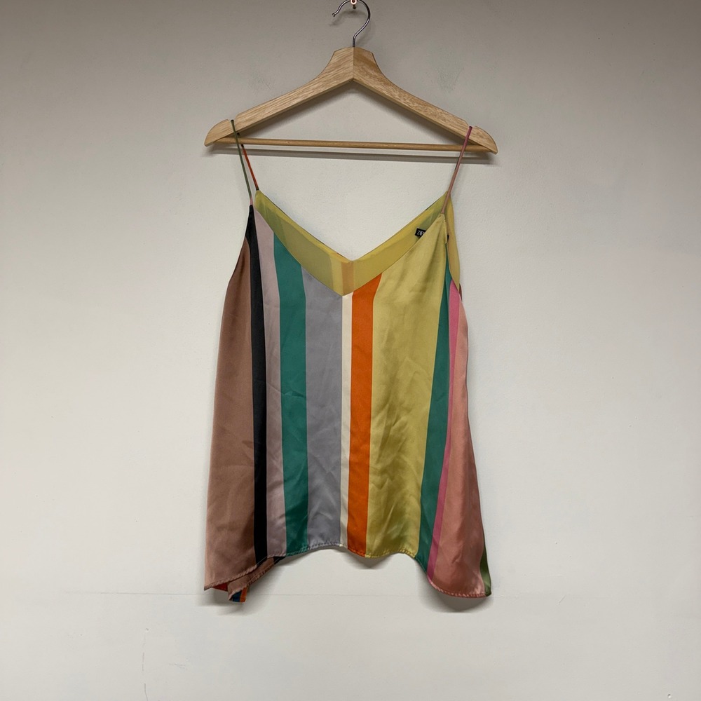 Zara Womens Size L Multi Color Striped Satin V-Neck Camisole Cami Tank Top